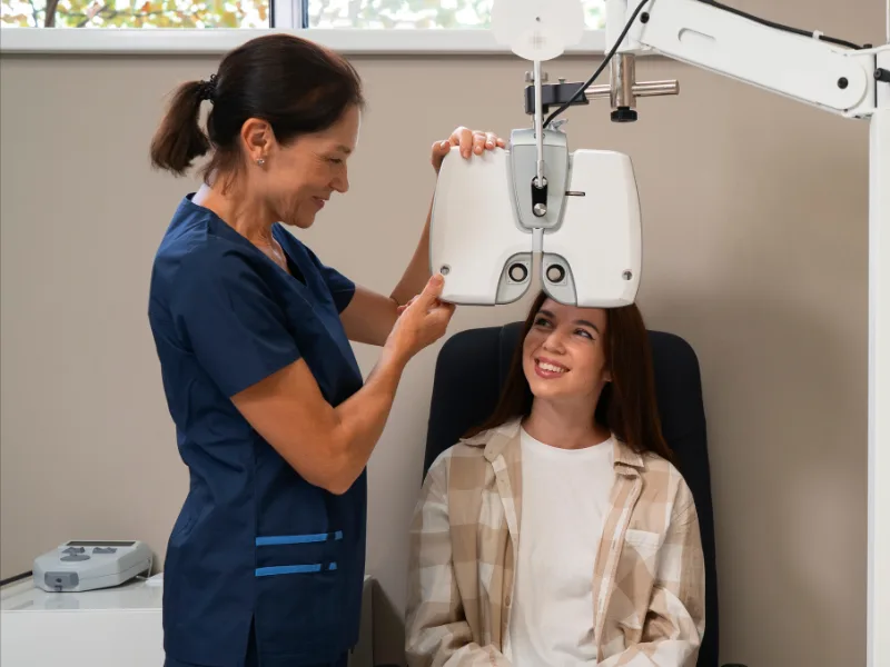Eye specialist checking a patient's vision at Ishwar Dayal Memorial Hospital Patna.